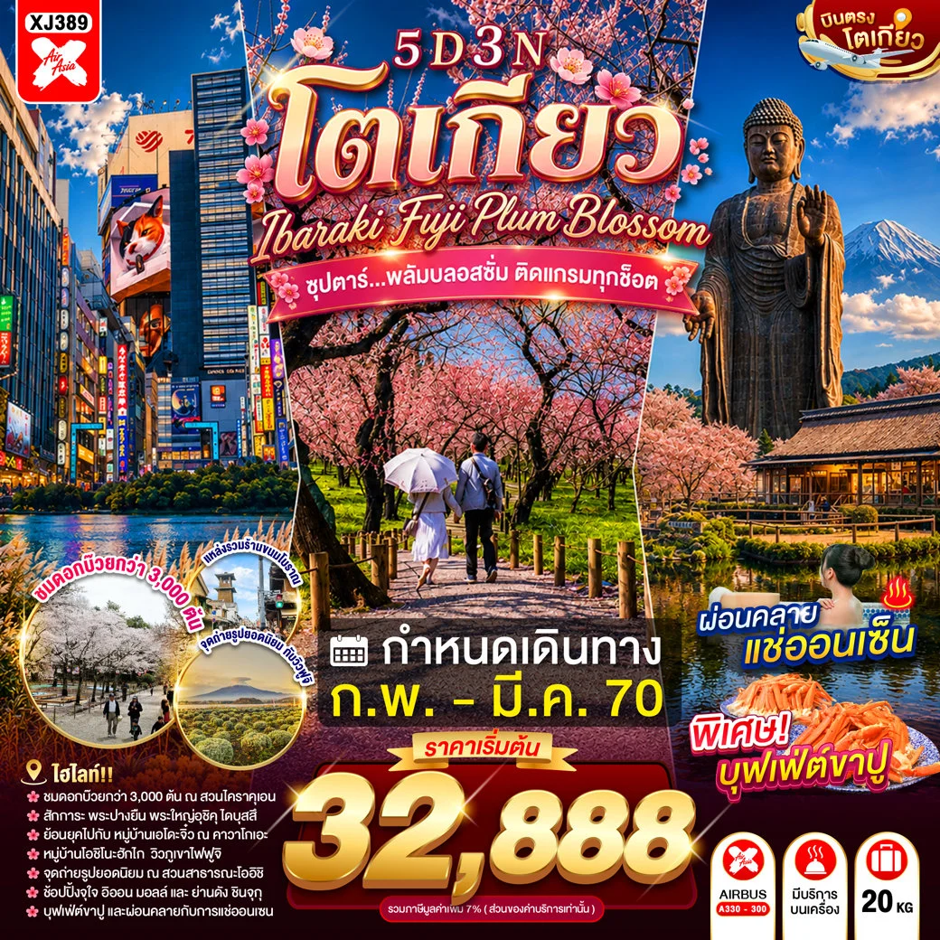 ทัวร์ญี่ปุ่น TOKYO IBARAKI FUJI PLUM BLOSSOM ซุปตาร์...พลัมบลอสซั่ม ติดแกรมทุกช็อต 5วัน 3คืน (XJ)