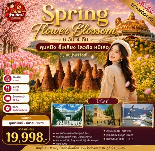 ทัวร์จีน Spring Flower Blossom คุนหมิง อี้เหลียง โลวผิง หมีเล่อ 6วัน 5คืน (FD)